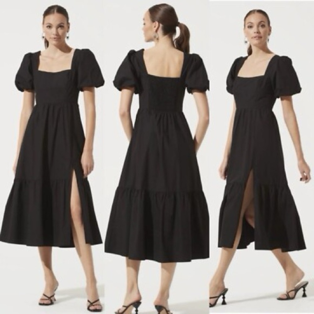 ASTR The Label Poplin Puff Sleeve Black Tiered Maxi Dress size small